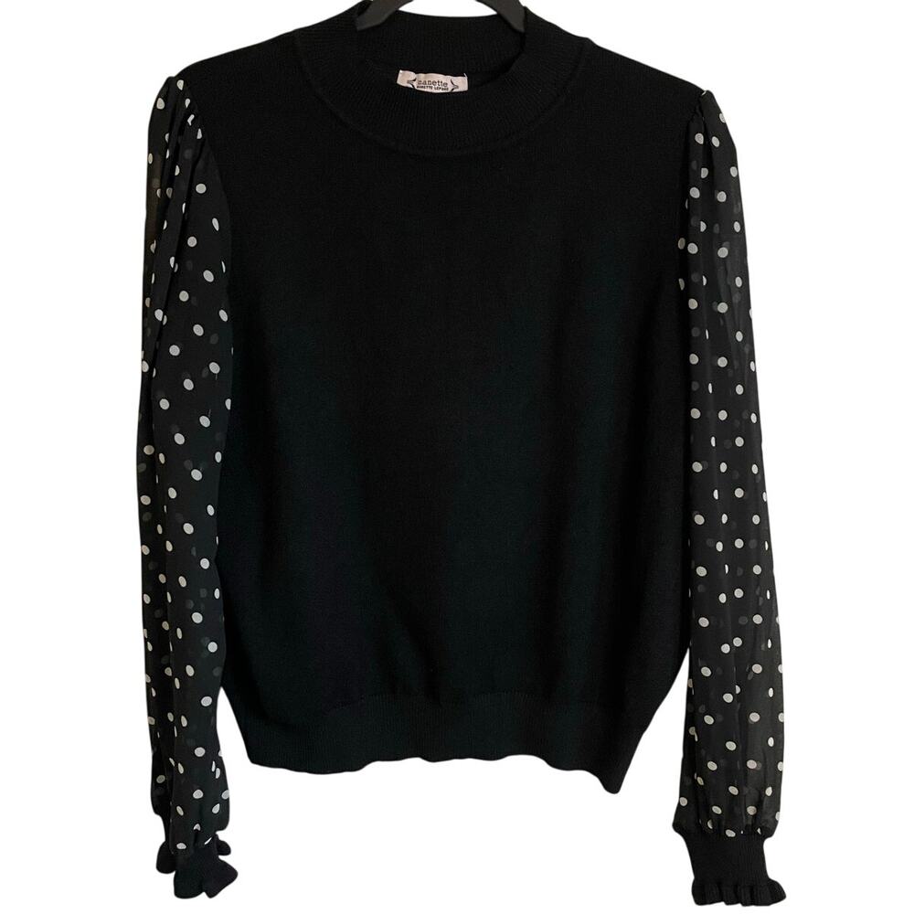Nanette Lepore Mock Neck Sweater Sz L Polka Dot Sleeves Black White Shabby Chic